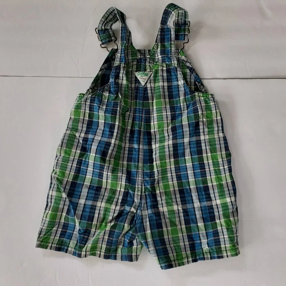 Oshkosh Boys Overall Shorts Green Blue Plaid Shoralls 18 Months